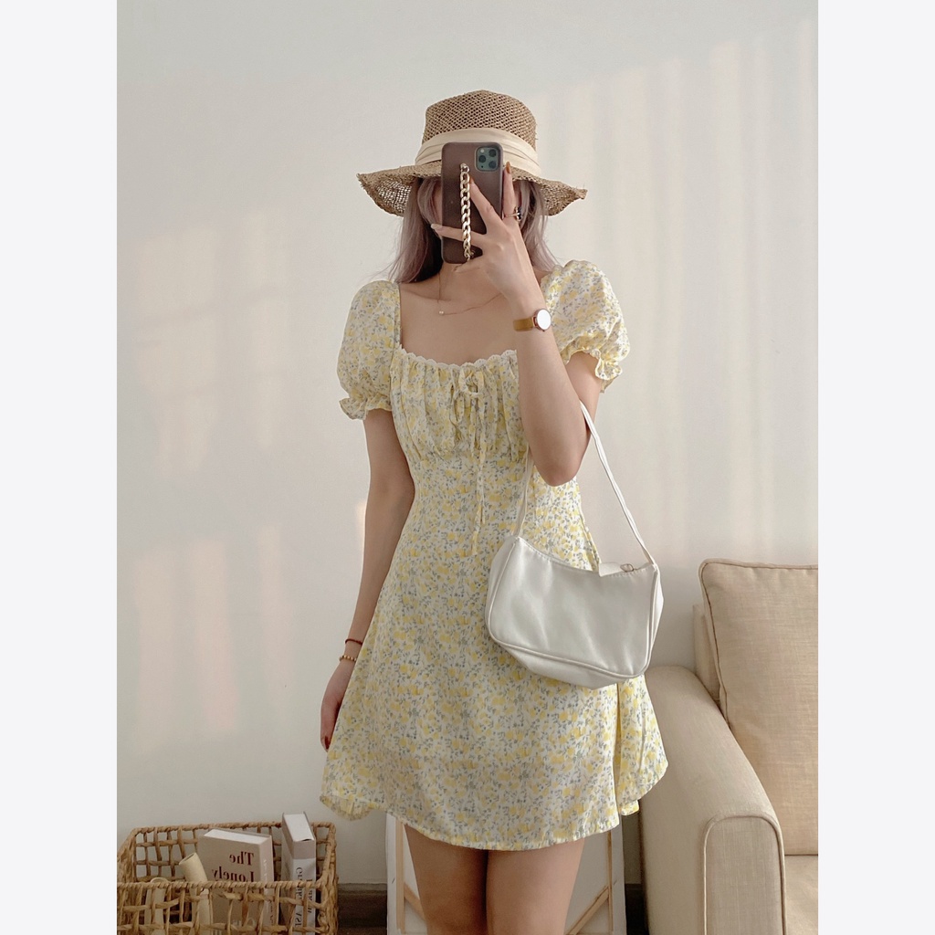 Đầm hoa nhí tay cộc, váy dáng ngắn hai lớp Emmei v132