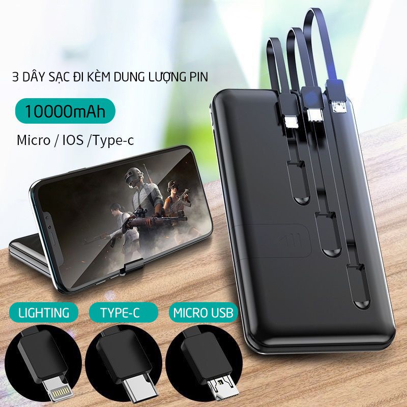 Sạc dự phòng Tích Hợp 3 Dây Sạc 4 cổng ra - Q-Power 10,000mAh/3,7v Li-Polymer - Đèn báo % Pin