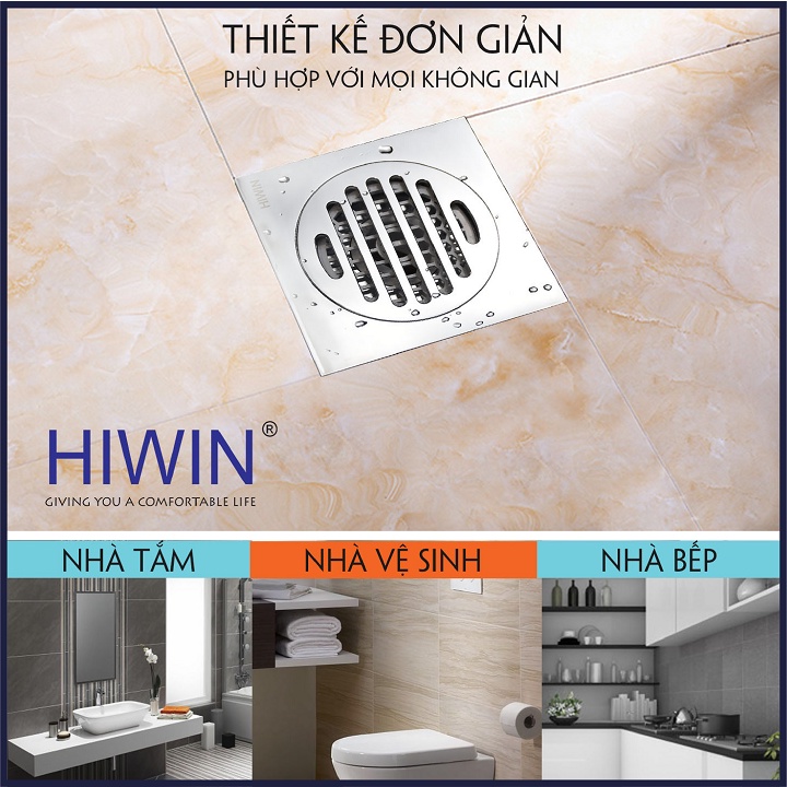 Phễu thoát sàn ngăn mùi hôi thoát nước nhanh đồng mạ crom kích thước 120x120mm HIWIN FD-1952
