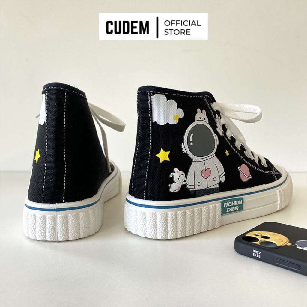 Giày thể thao nữ cổ cao in hình phi hành gia, giày thể thao bata học sinh vải Canvas S18