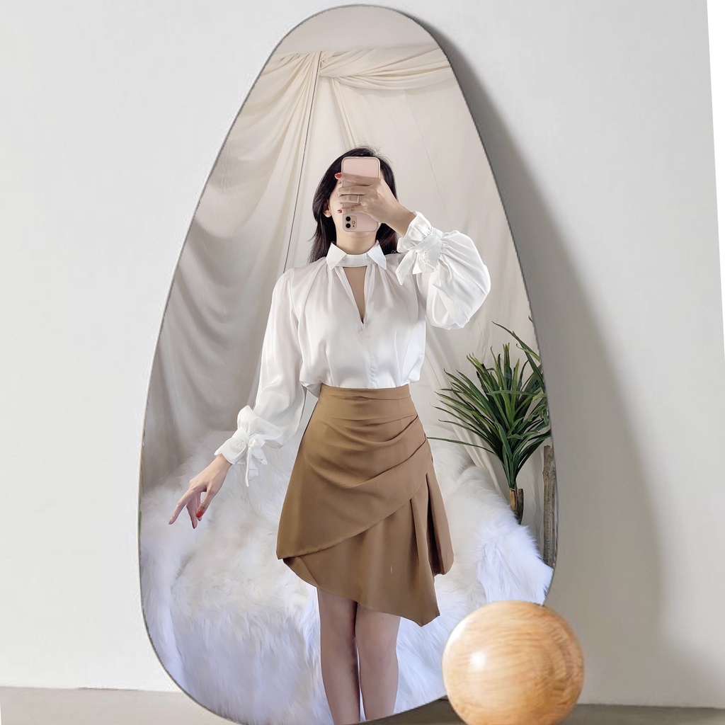 Áo sơ mi trắng công sở, chân váy ngắn xếp, áo lụa, áo sơmi kiểu tay dài, đi làm, chân váy chữ A, set áo mix váy tiểu thư | BigBuy360 - bigbuy360.vn