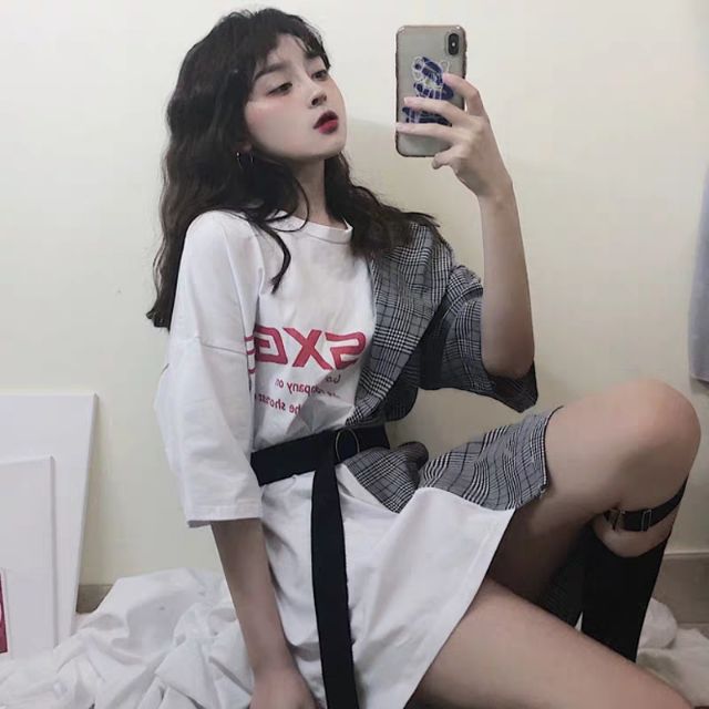 Đầm thun phối vest kẻ oversize cách điệu Ulzzang siêu độc siêu xinh 😍