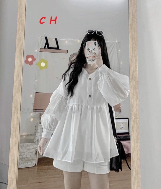Áo sơmi baby doll cúc gỗ COU877