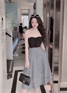 Đầm áo ống phối caro bọc nút❣️