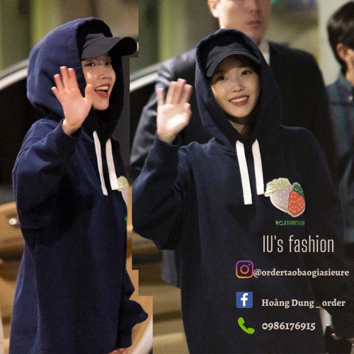 Áo hoodie IU thêu quả dâu Hotel de luna màu xanh nany