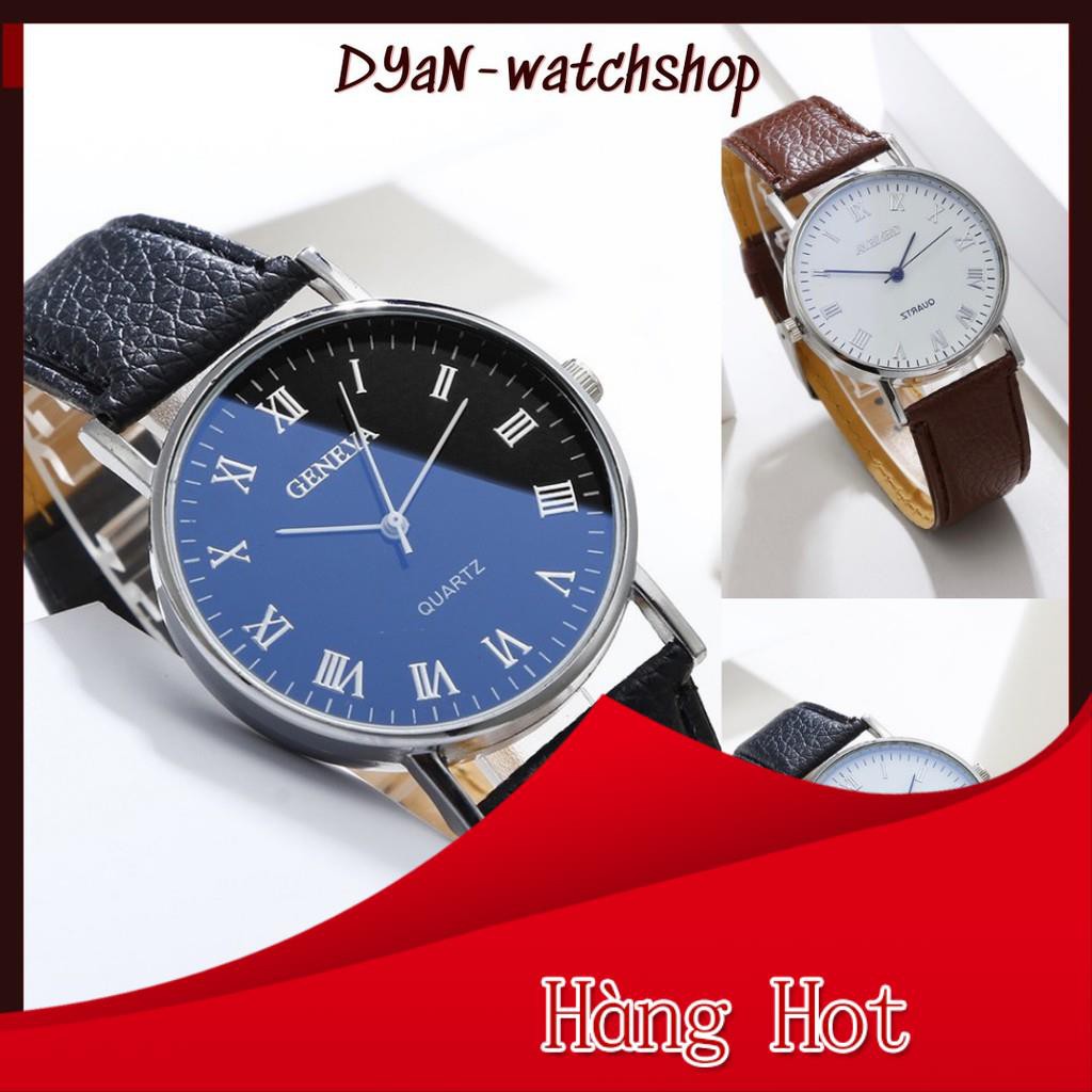 Đồng hồ nam dây da mặt tròn viền kim loại GENEVA đồng hồ đeo tay thời trang trẻ trung phong cách