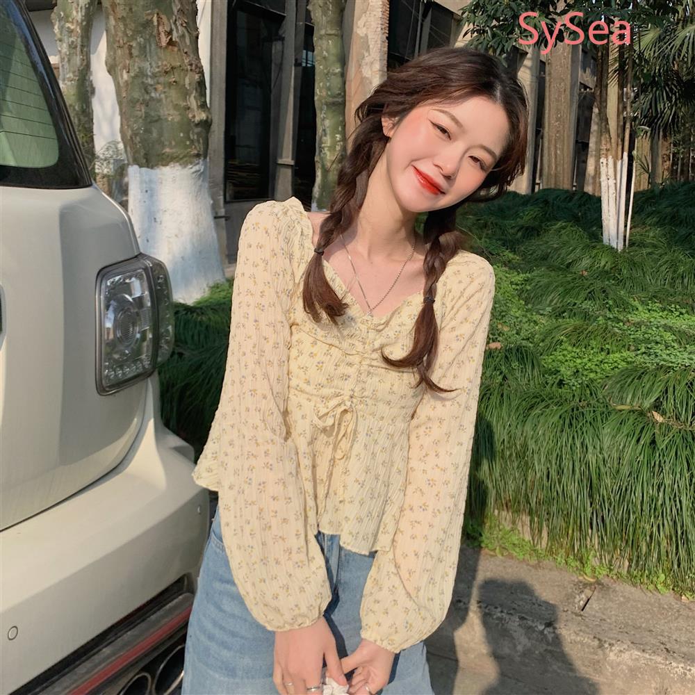 Áo chiffon tay dài họa tiết hoa phối dây rút thời trang dành cho nữ