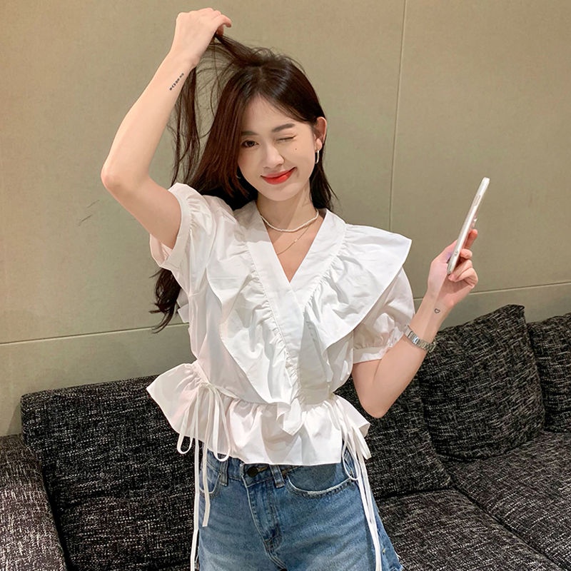 Áo Sơ Mi Ngắn Cổ Chữ V Phối Bèo Thời Trang Mùa Hè 2022 Mới