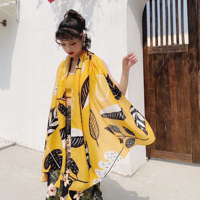 Khăn choàng vintage màu vàng họa tiết lá size 180*90cm - Mã LN044