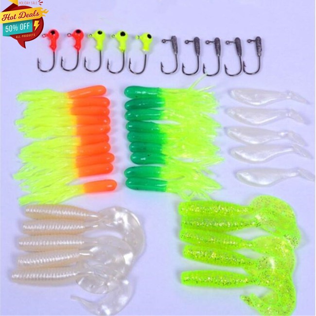 Set 35 mồi câu cá giả hình sâu mềm và 10 đầu móc cong