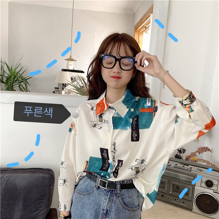 LEEVA - Áo sơ mi nữ dài tay in hình họa tiết phong cách Hàn Quốc: Hình dài