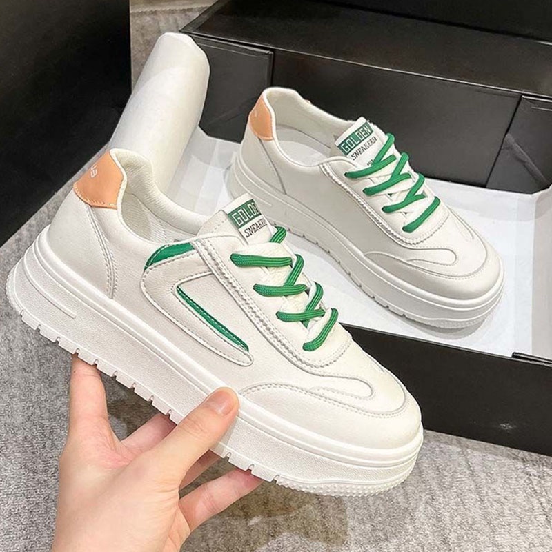 Giày Thể Thao Da Mềm Đế Dày Mũi Tròn Phối Màu Tương Phản Phong Cách Hàn Quốc Cho Nữ