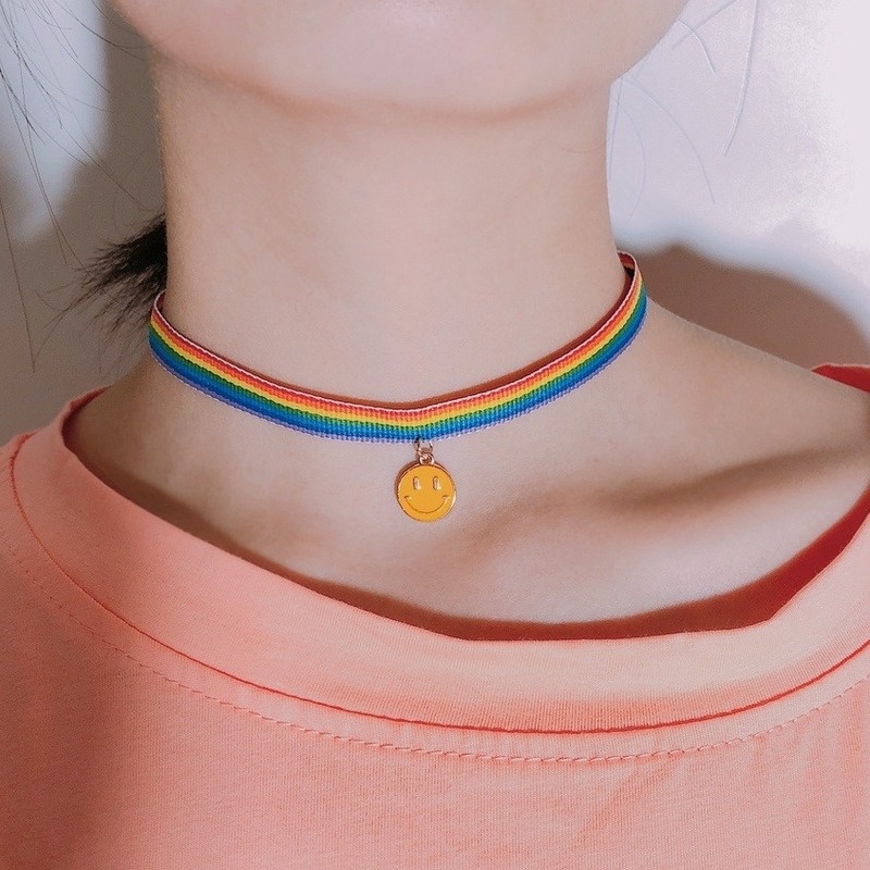 Vòng cổ hình mặt trăng phối dây ruy băng màu sắc cầu vồng phong cách cổ điển mã 210807