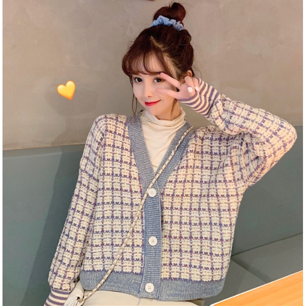 Áo cardigan nữ form rộng, áo len nữ kẻ ô đan len chất đẹp 2021