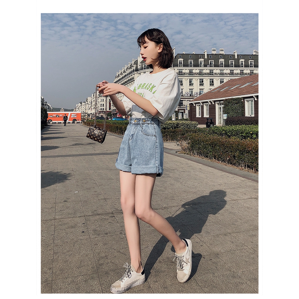 Quần đùi denim ống rộng lưng cao dành cho nữ