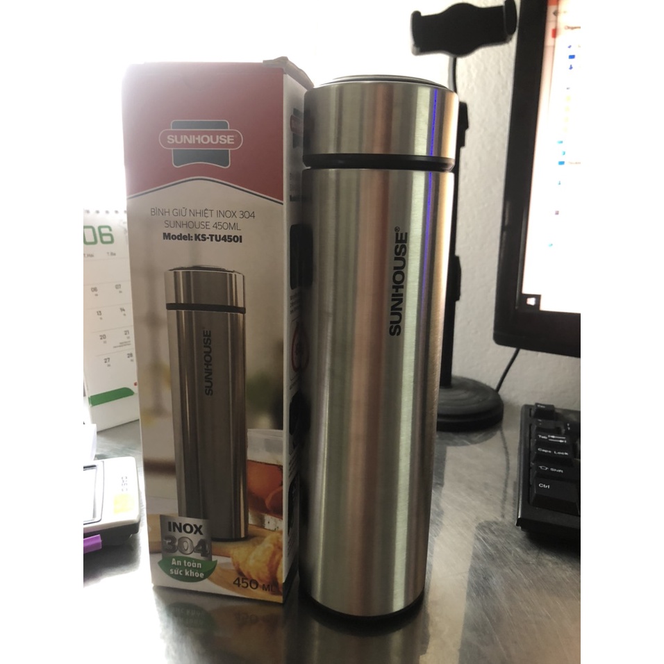 Bình giữ nhiệt Inox 304 2 lớp cao cấp Sunhouse 450ml KSTU450I, Giữ nóng và lạnh  tối đa 6h, an toàn sức khỏe, bền màu