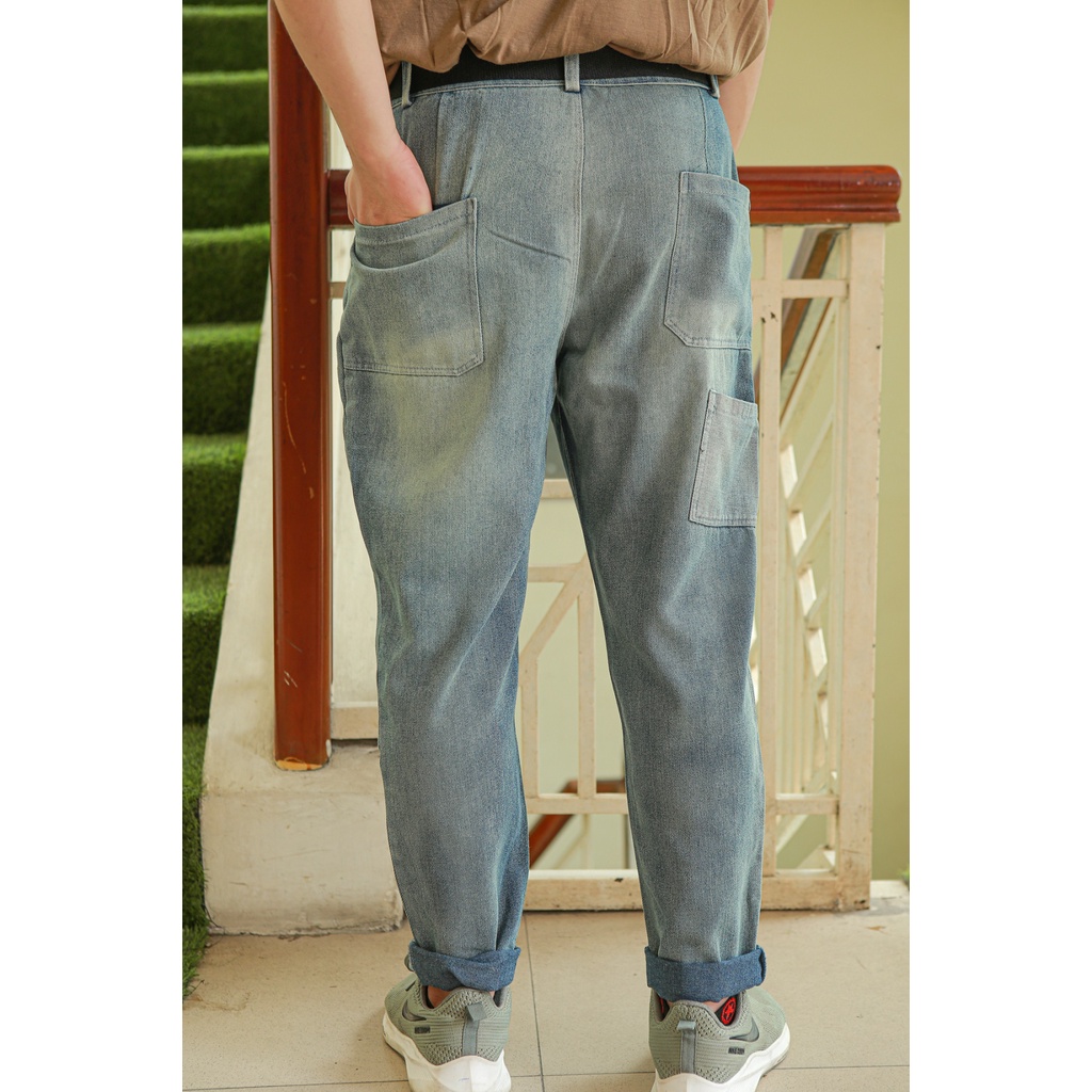 Quần nam ống rộng jean màu nâu chất Cotton vải bỏ dày dặn co dãn thấm hút mồ hôi tốt - Quần Jean T1