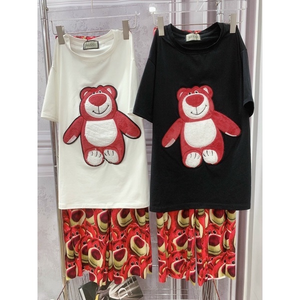 Set áo cotton gấu thêu quần suông gấu đáng yêu