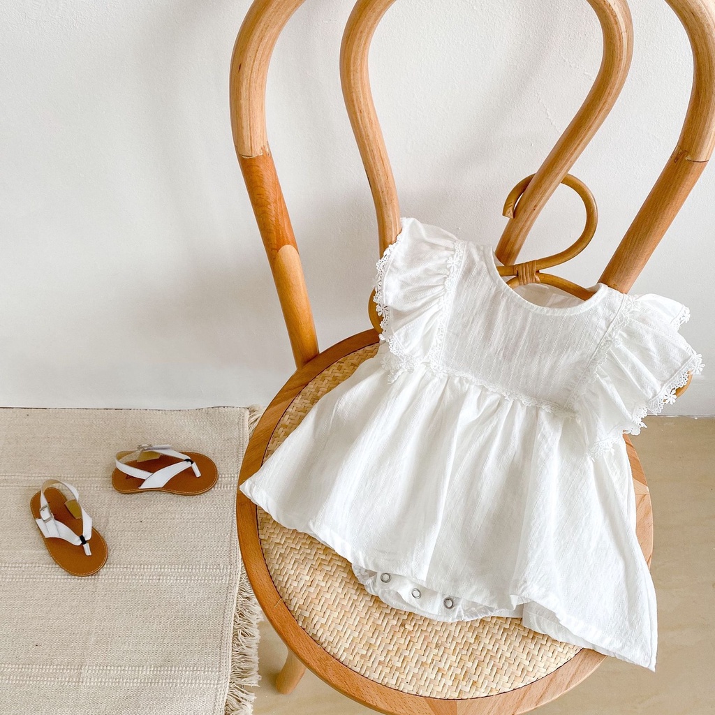 Bộ Áo Liền Quần Bằng Cotton Phối Ren Tay Áo Bay ha ha Dành Cho Bé Gái Leo Núi