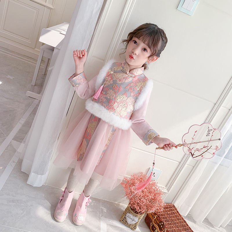 Set váy lễ Tết kèm gile hoa văn cổ trang chần bông siêu ấm