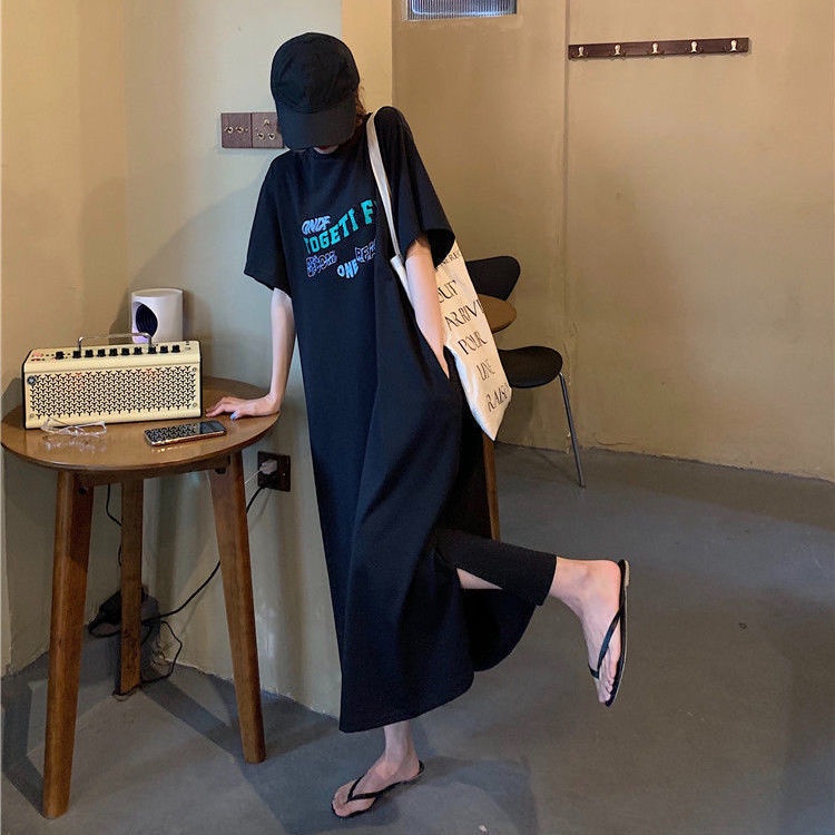 Đầm Thun Tay Ngắn Dáng Rộng In Chữ Thời Trang Cho Nữ