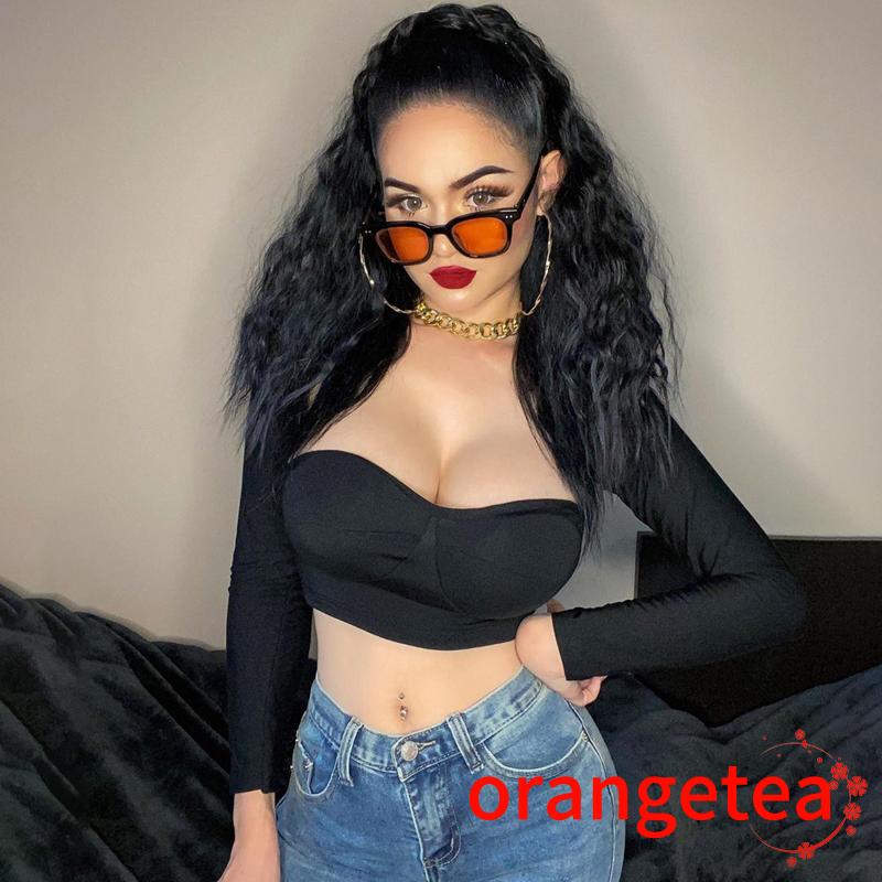 Áo Croptop Tay Dài Cổ Chữ V Màu Sắc Thanh Lịch