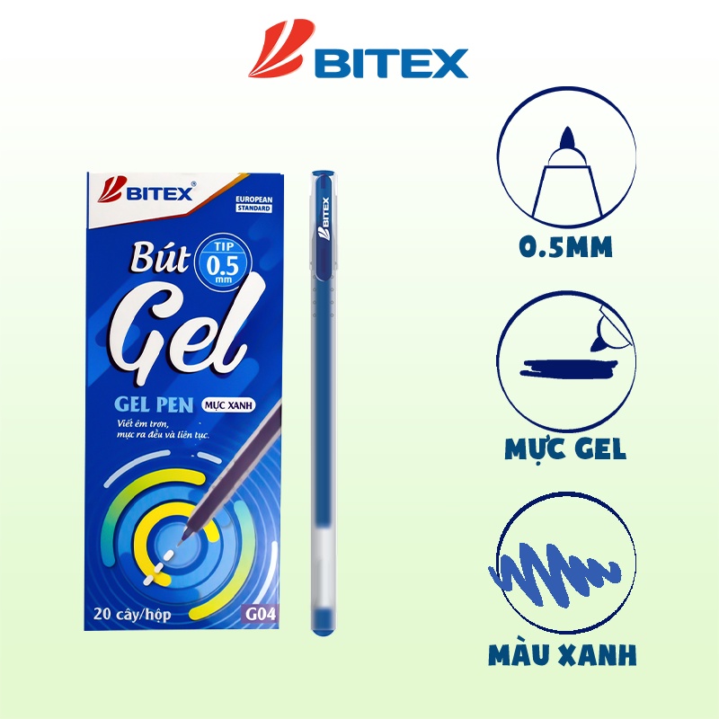 Combo 3 chiếc Bút gel Bitex G04 Nét 0.5mm Mực xanh