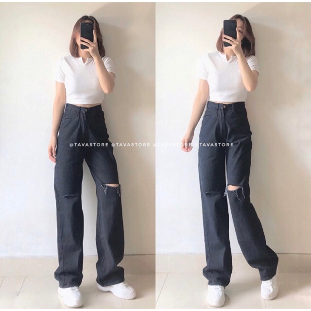 Quần jeans nữ đen rách gối