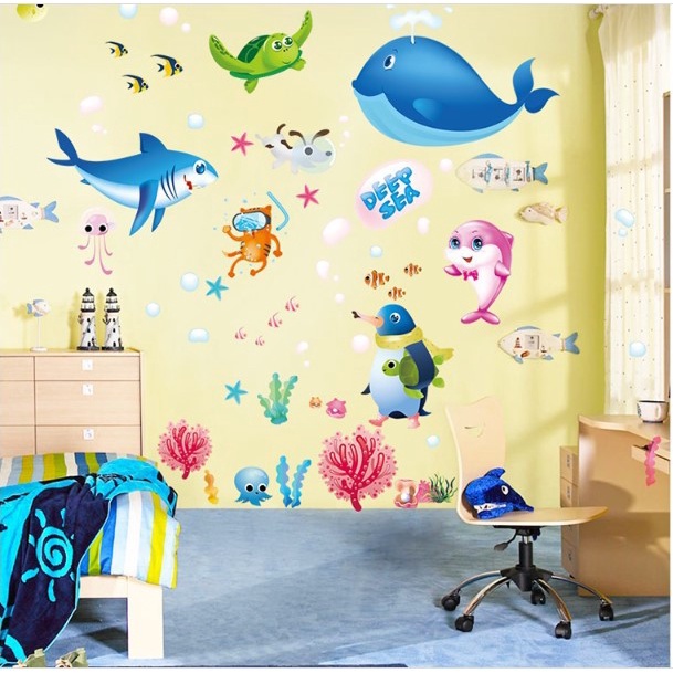 Tranh dán tường cho bé, đề can dán tường cho bé, hình dán sticker cá cho bé trang trí phòng học