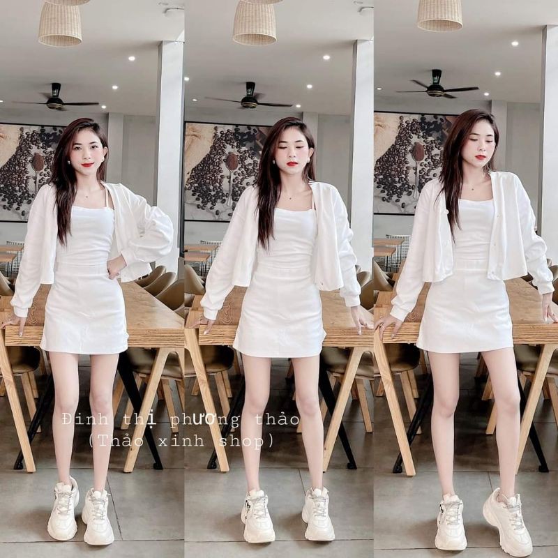 set 3 món trắng ôm body gồm áo 2s, áo khoác và chân váy thảo xinh shop