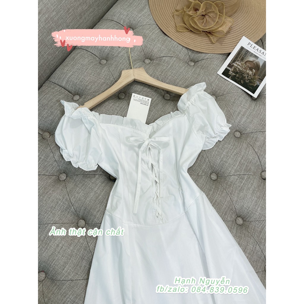 Váy trắng cổ vuông bèo dây đan chéo tiểu thư, Đầm thiết kế dự tiệc - Xưởng May Hạnh Hồng