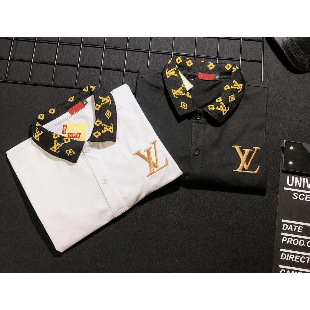 Áo thun nam thêu LV có cổ tay ngắn vải cotton đẹp co dãn thấm hút mồ hôi tốt 2 màu trắng đen cao cấp