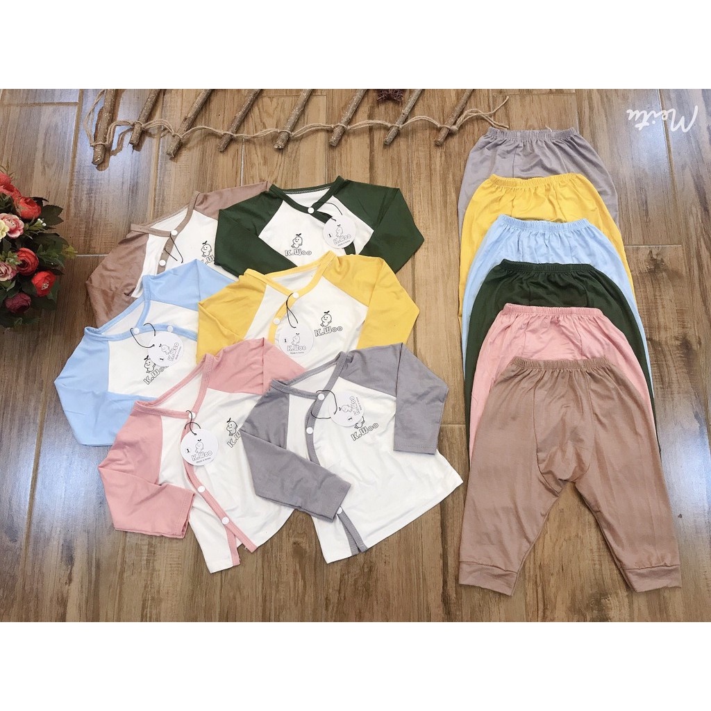 Bộ sơ sinh thun lạnh dài tay cho bé cúc chéo quần đáp đũng Quần áo sơ sinh bé gái bé trai