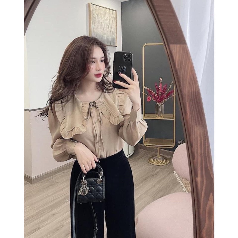 Áo sơ mi tơ nâu tây cổ bèo hàng quảng châu