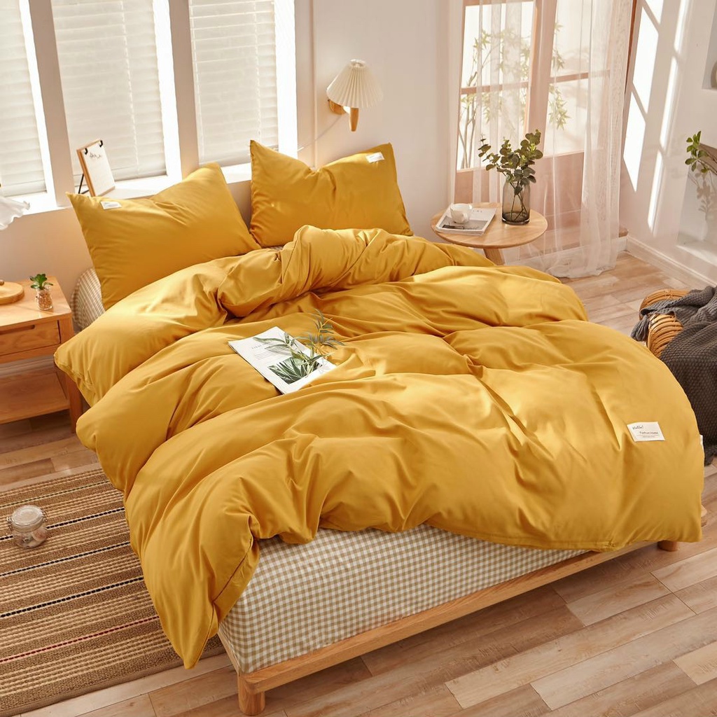 Bộ chăn ga gối cotton tici mix kẻ caro be vải mềm đẹp