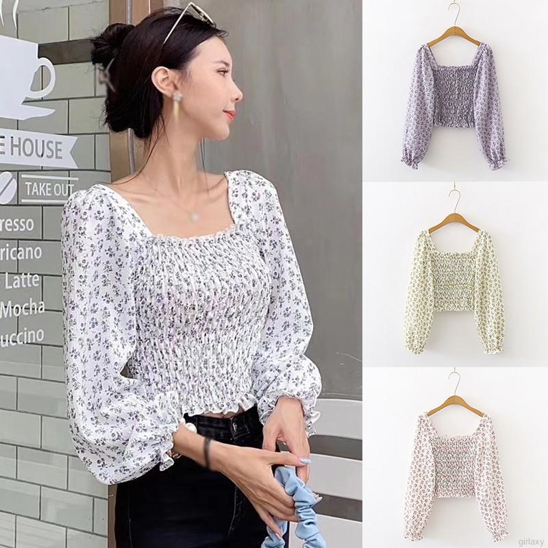 Áo Sơ Mi Tay Dài Cổ Vuông Họa Tiết Hoa Xinh Xắn Phong Cách Hàn Quốc