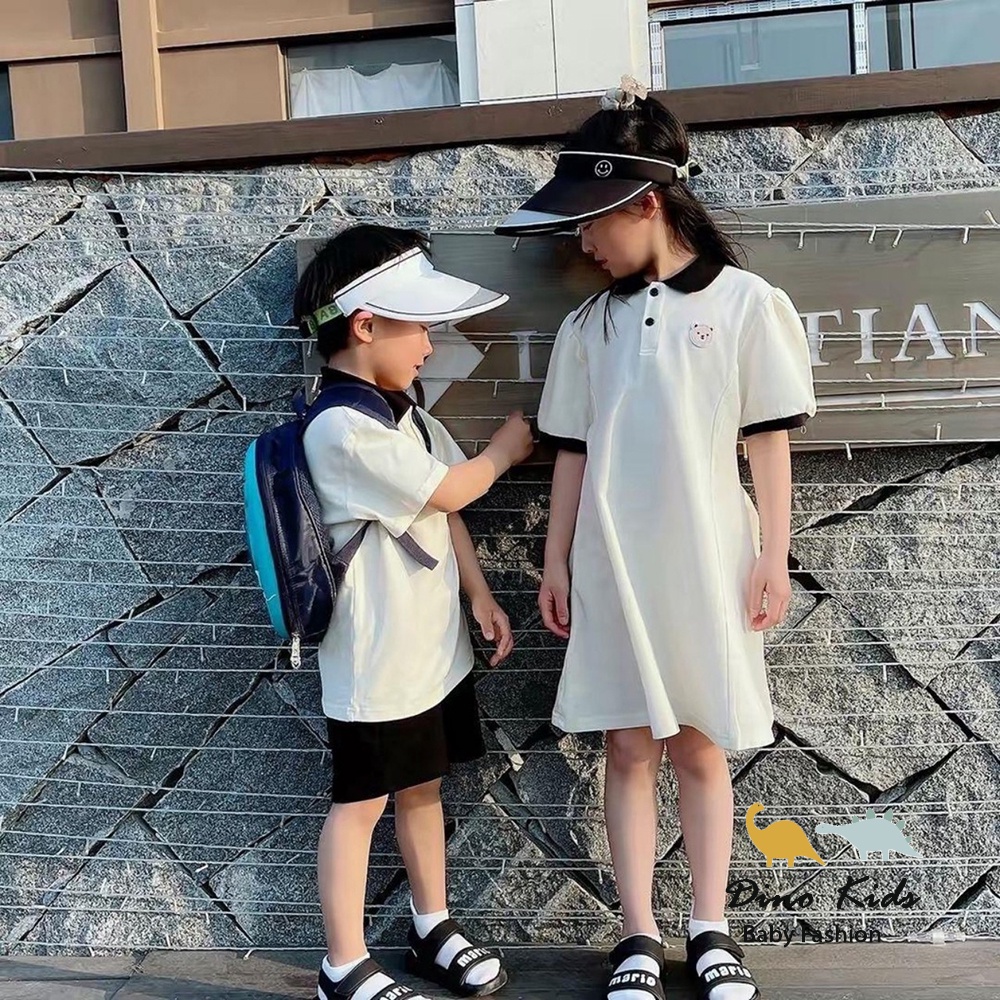 Đồng phục cho bé, set cặp chị em cổ trụ thêu mặt gấu cho bé trai bé gái