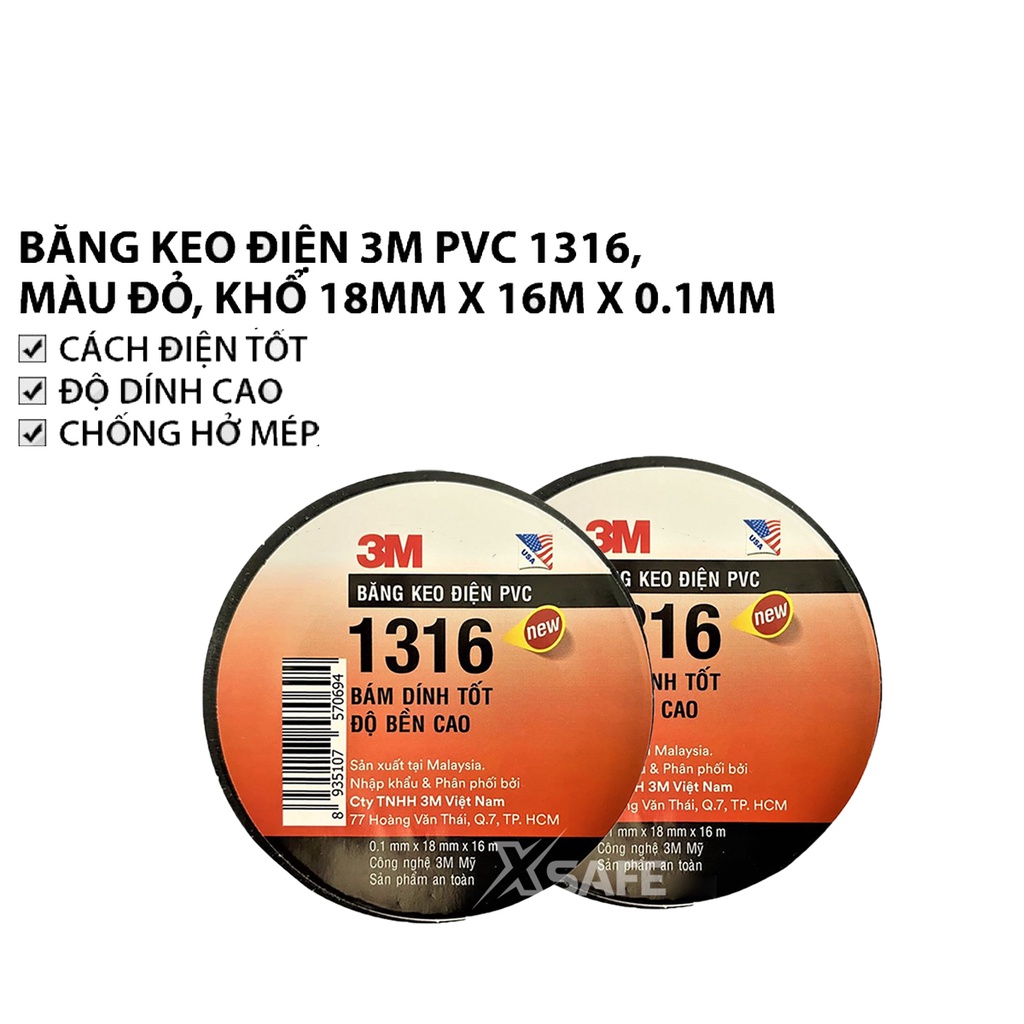 Băng keo điện PVC 3M 1316 cách điện 600V cực bền siêu dính khổ 18mm x 16m - chính hãng 3M - xsafe