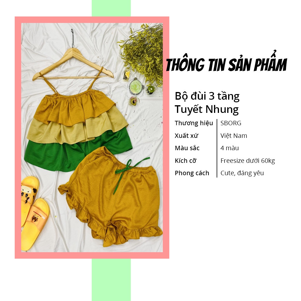Đồ bộ mặc nhà SBORG đồ ngủ 2 dây áo 3 tầng tuyết nhung sexy quần đùi viền bèo cute free size dưới 60kg quà tặng vợ | BigBuy360 - bigbuy360.vn