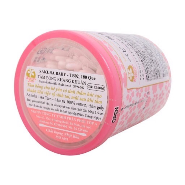 Tăm bông kháng khuẩn thân giấy Sakura baby (Tiêu chuẩn Nhật Bản) cho em bé / trẻ em 2 đầu tròn TB02 - Hộp 180 que