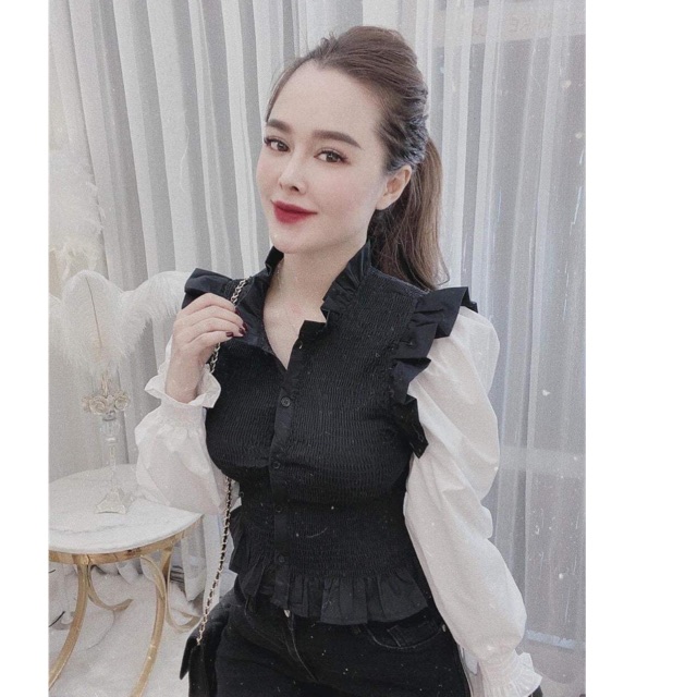 Áo phối tay sơ mi bèo vai chun tay TTV879