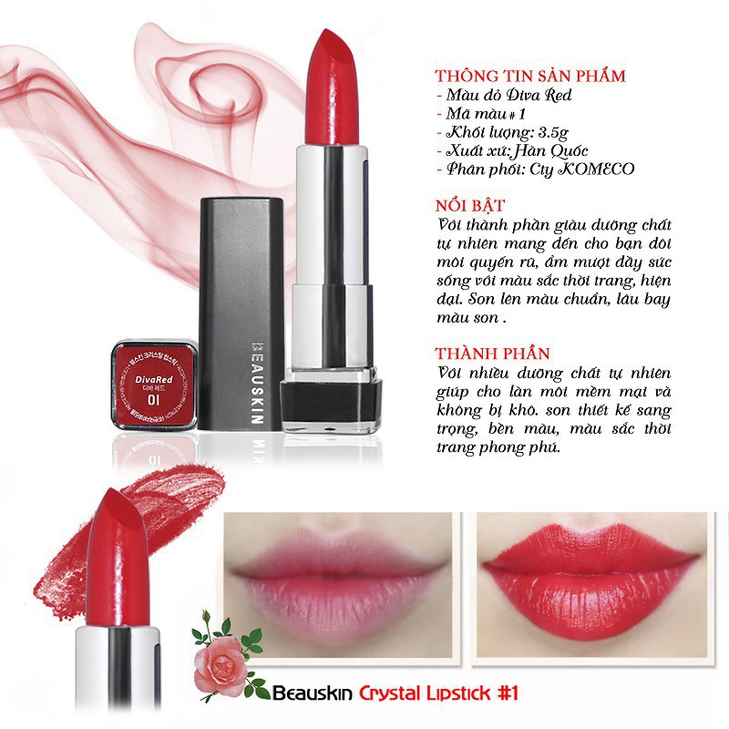 Son môi lâu trôi nhiều dưỡng Beauskin Crystal Lipstick No.1 Davi Red ( Đỏ Tươi) 3,5g