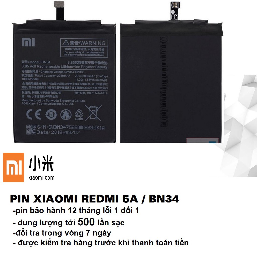 [Dùng Thử 7 Ngày] Pin Xiaomi redmi 5a/ Bn34 Bh 12 tháng