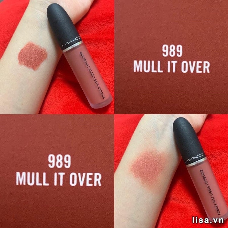Son Kem MAC Powder Kiss Liquid Màu 989 Mull It Over – Cam Hồng Đất