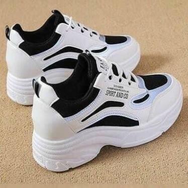 Giày Thể Thao/Giày Nữ Đế Độn 7 Phân Hai Màu Black And White Thương Hiệu Sport &Co Chính Hãng Chất Lượng