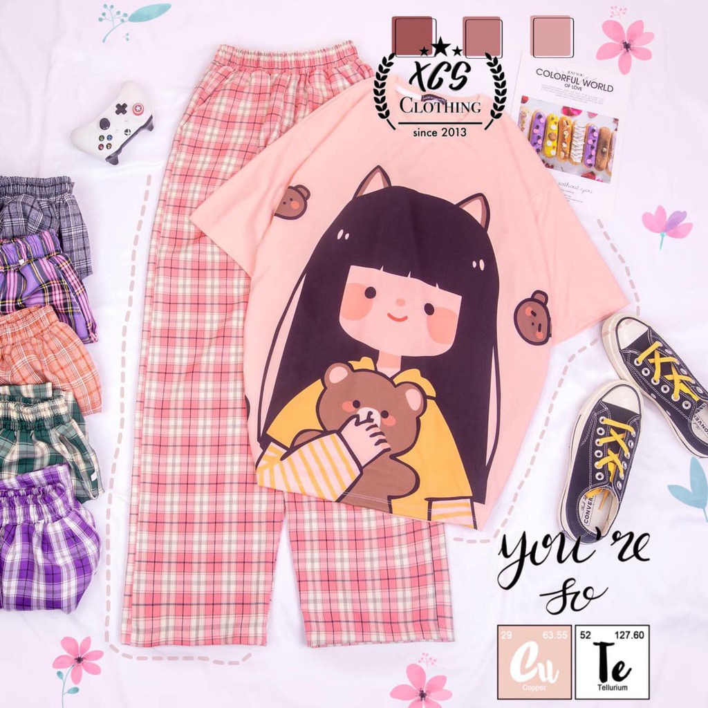 Set đồ nữ quần kẻ caro ống rộng, áo thun Unisex tay lỡ CHILL SHOP, thoáng mát freesize dưới 60kg
