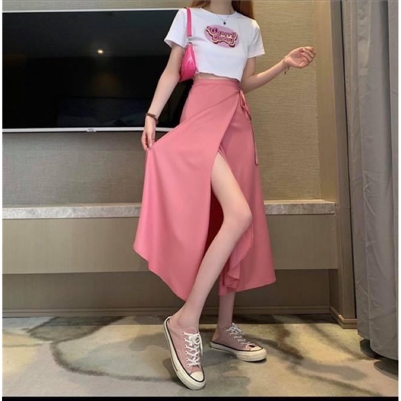 Chân váy dài midi xẻ tà vạt đắp chéo thắt nơ eo trơn voan lụa - Order taobao quảng châu