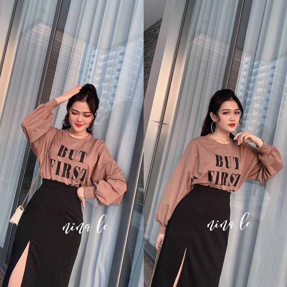 [ CHÁY HÀNG Áo croptop tay dài oversize in chữ BUT