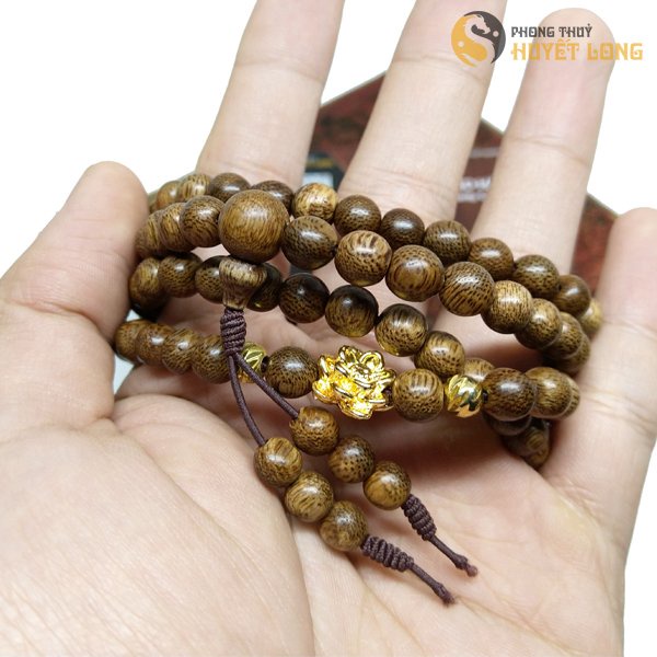Chuỗi Vòng Trầm Hương Mix Hoa Sen Bi Vàng, Chuỗi Tràng Hạt Đeo Tay