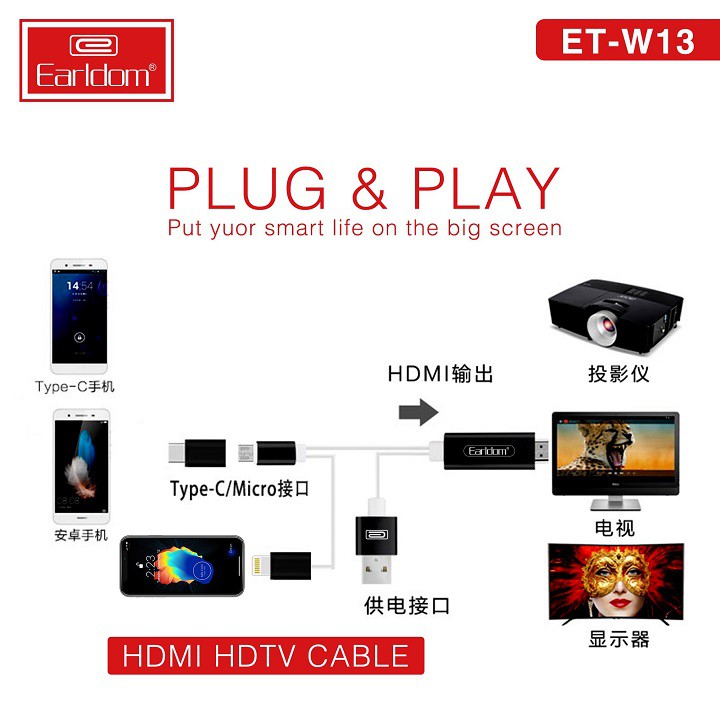 Cáp chuyển HDMI Earldom W13 cho điện thoại xuất hình ảnh video ra màn hình, máy chiếu ... Chất lượng 4K - Beetech